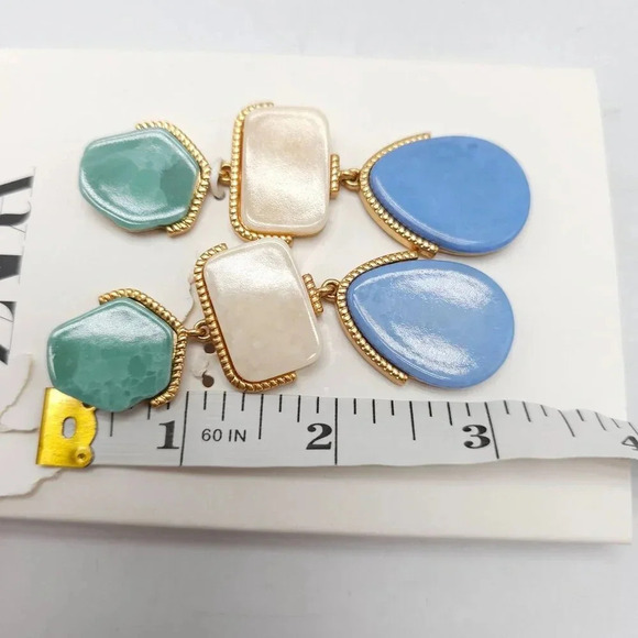Zara Geometric Drop Earrings With Faux Green Cream and Blue Stones - Picture 5 of 5
